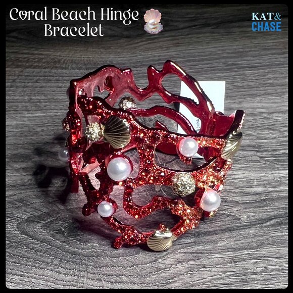NWT Betsey Johnson Coral Hinge Bracelet Red Pearl Seashell Crystal Beach Sea - Picture 4 of 12
